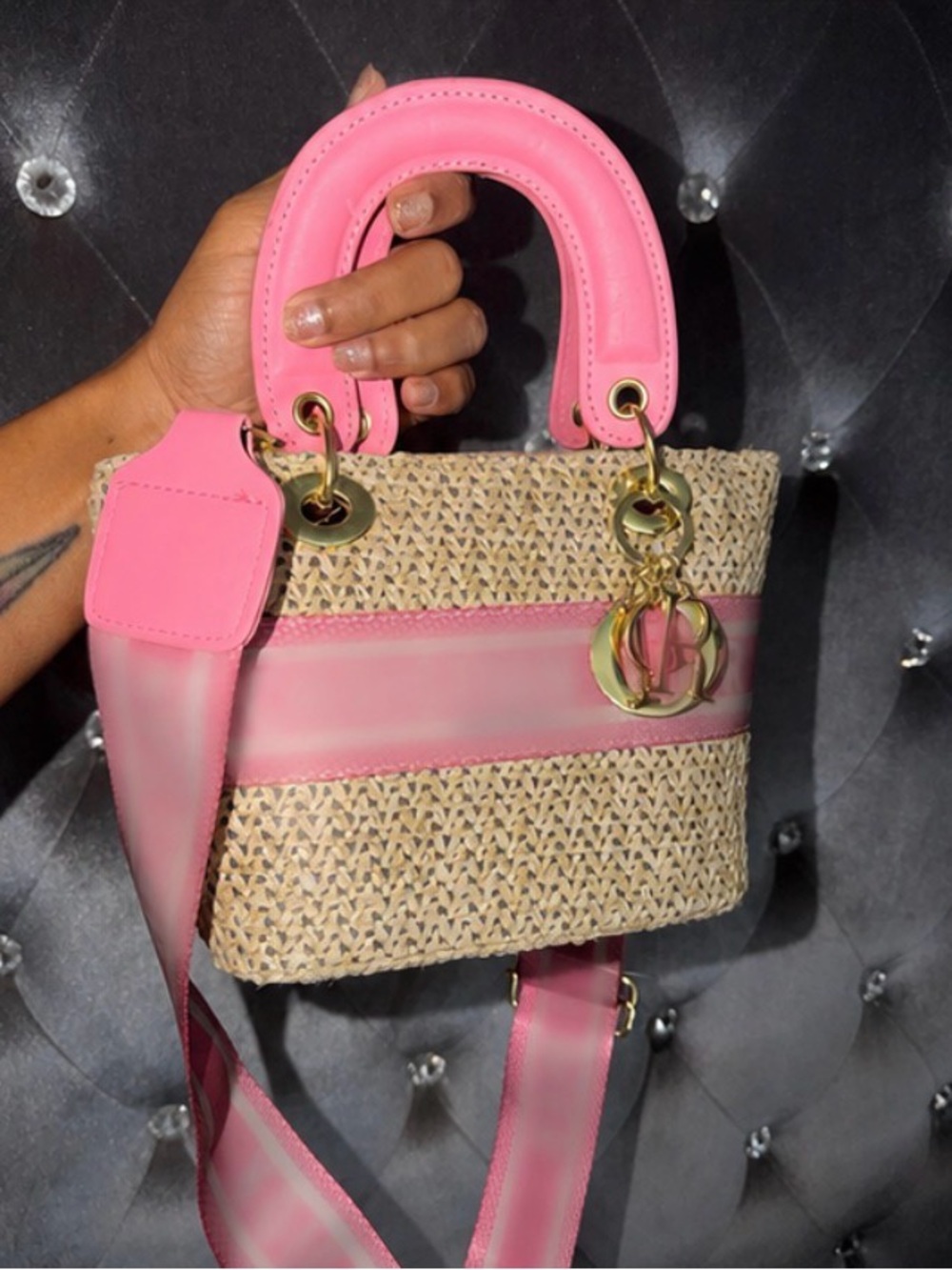 Pink Straw Top-Handle Crossbody Bag